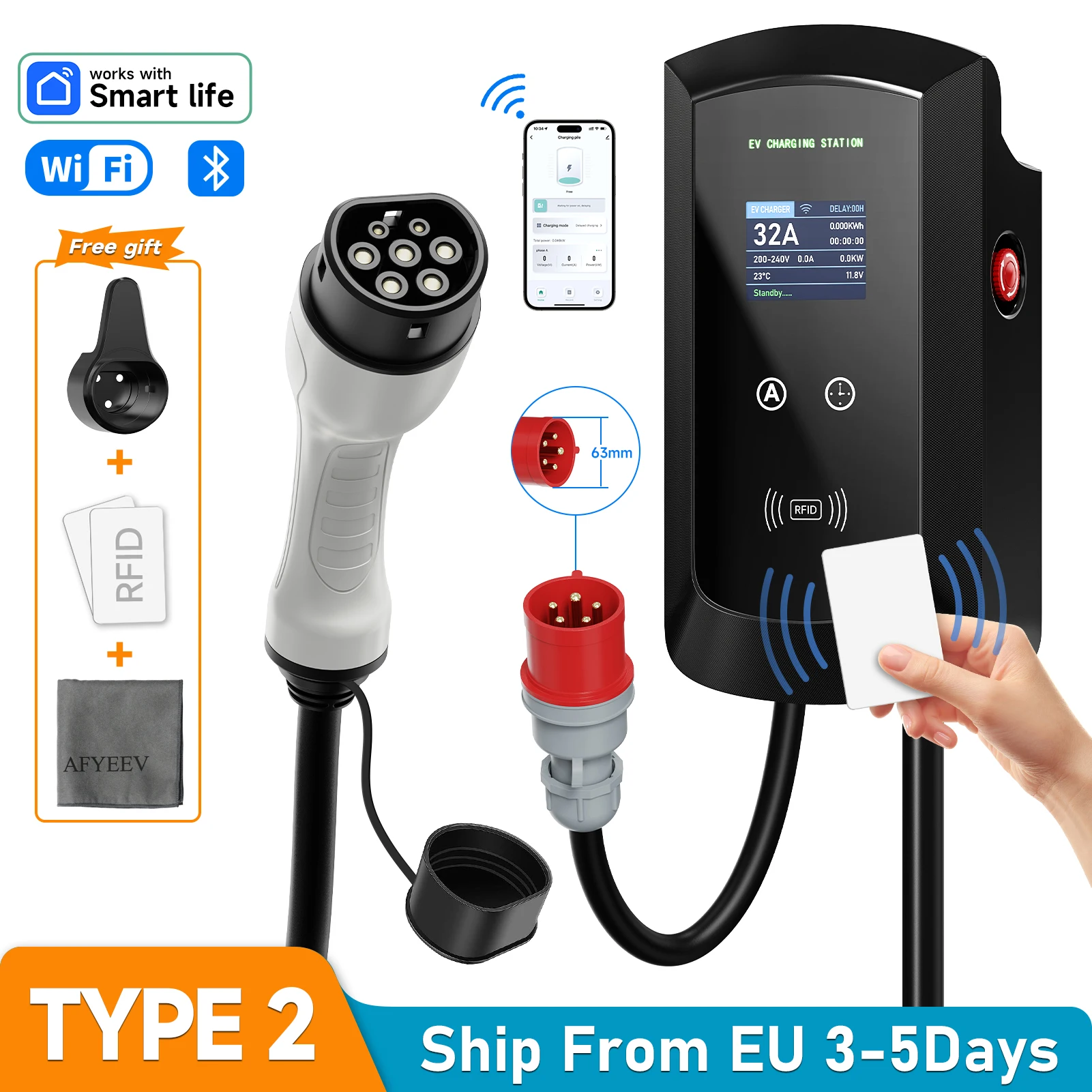 Estação de carregamento Afev 7.6kw/11kw/22kw EV - plug type2 IEC62196-2 32a - Bluetooth