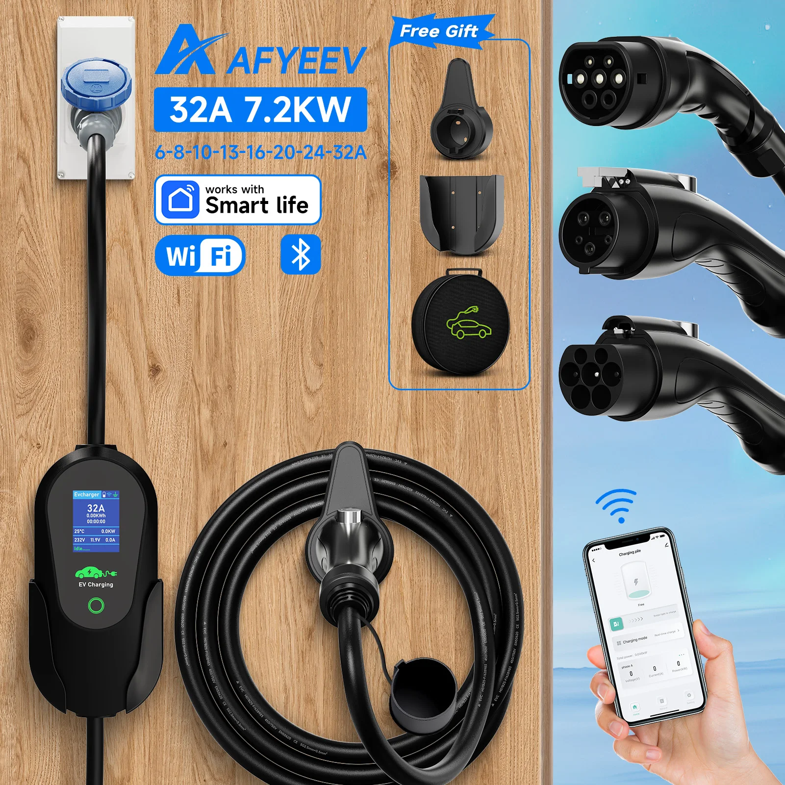 Afyeev 7.2kw 32a portátil type2 IEC62196-2 ev carregador type1 sae j1772 carregador de carro elétrico gbt evme cabo de carregamento wifi app - AliExpress