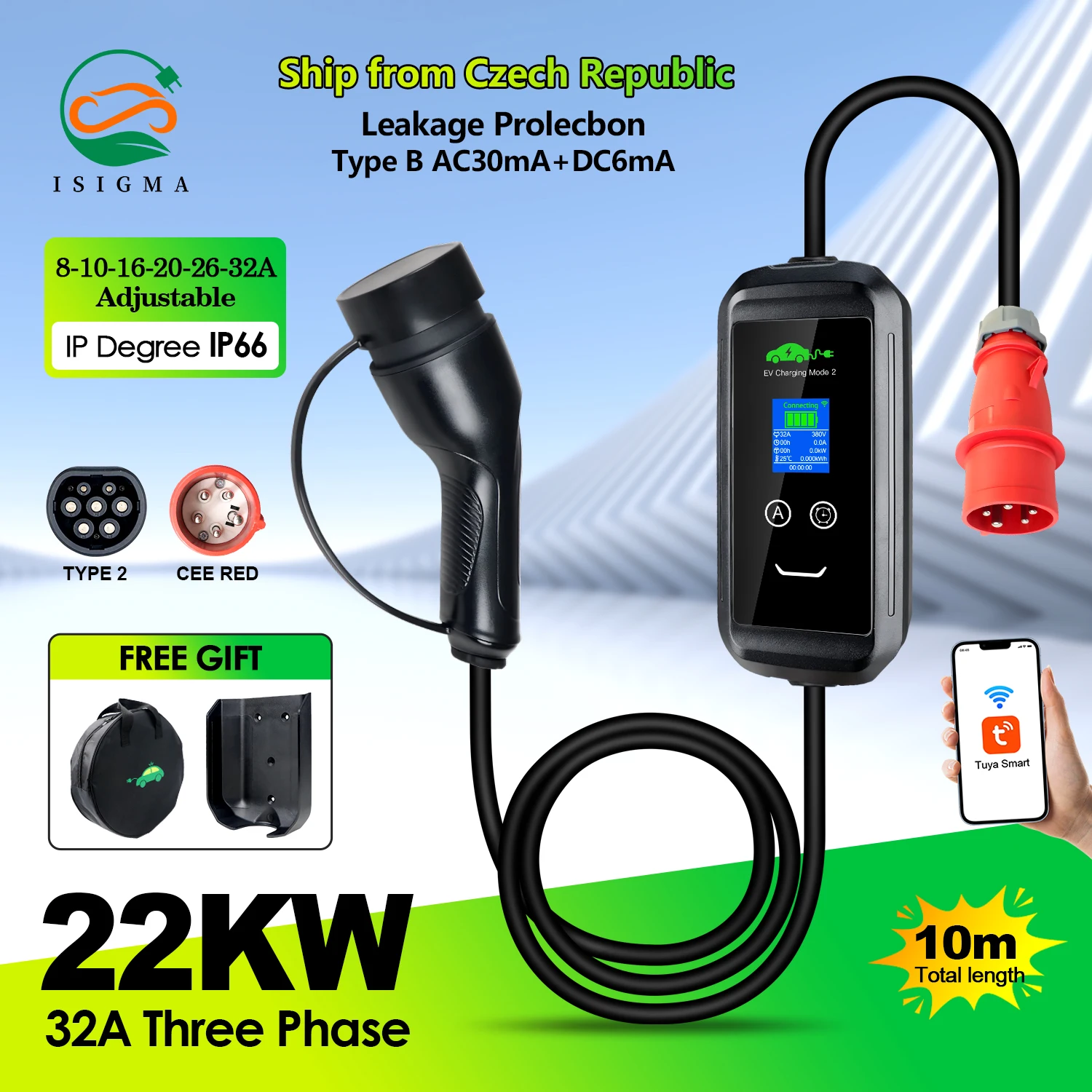 ISIGMA Carregador EV portátil 32A 22kw Type2 IEC62196-2 Tuya APP EVSE Carregamento 10M Cabo Type2 Plug Wallbox para carro elétrico - AliExpress