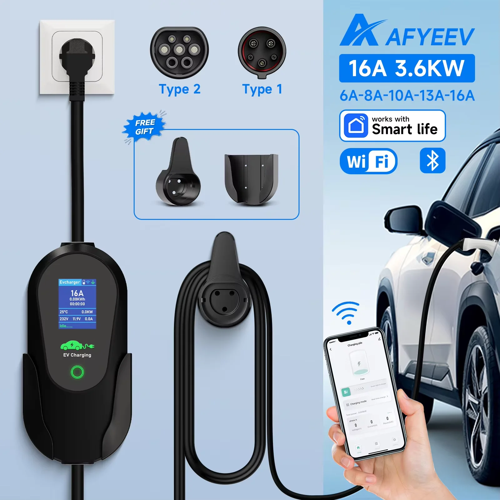 Carregador portátil Afyeev 3600w Tipo 2 IEC62196-2