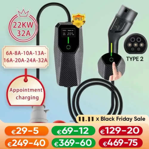 Wallbox-Carregador EV Portátil, 3Phase, 1Phase, IP65, Função de Reserva, Tipo 2, 3.5kW, 7kW, 11kW, 22kW - AliExpress