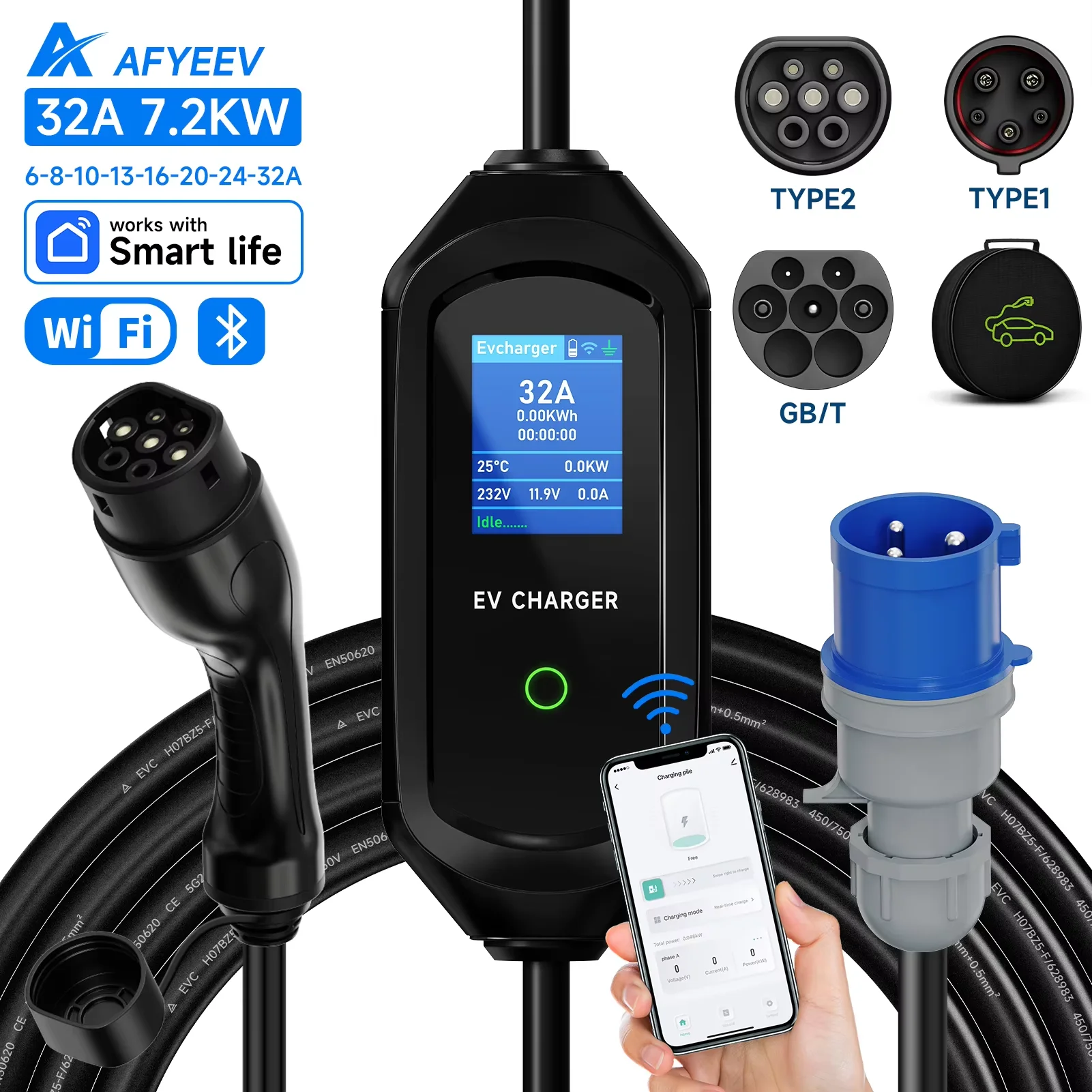 Carregador portátil Afyeev 32a 7.2kw type2 type1 - acesso wifi bluetooth controlo via App