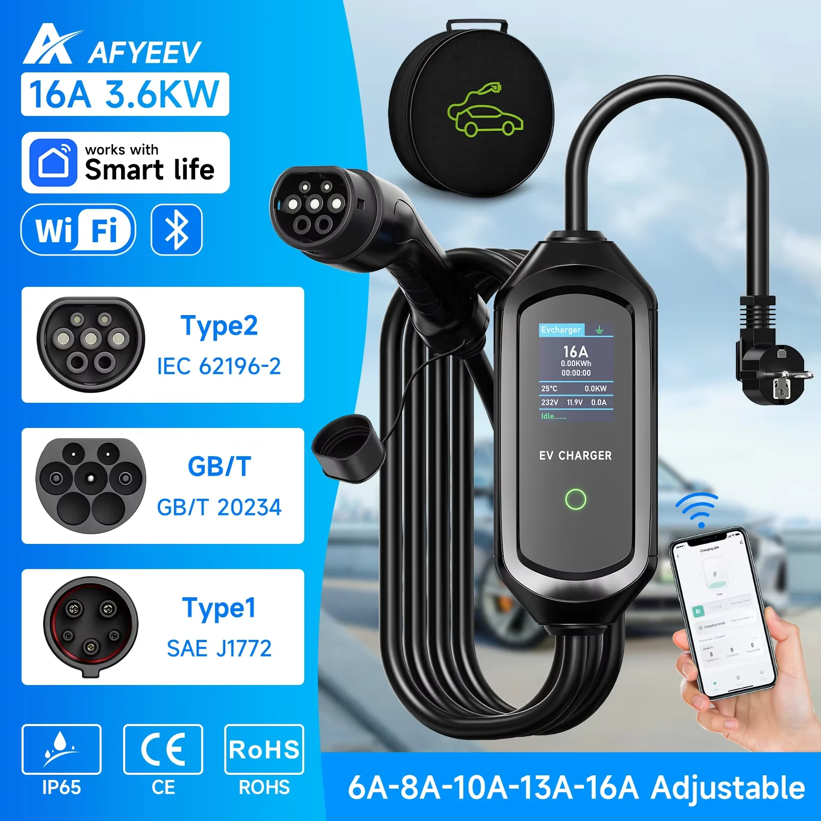 Afyeev 3600w portátil type2 IEC62196-2 ev carregador type1 sae j1772 carregador de carro elétrico gbt evme cabo de carregamento wallbox plugue da ue - AliExpress