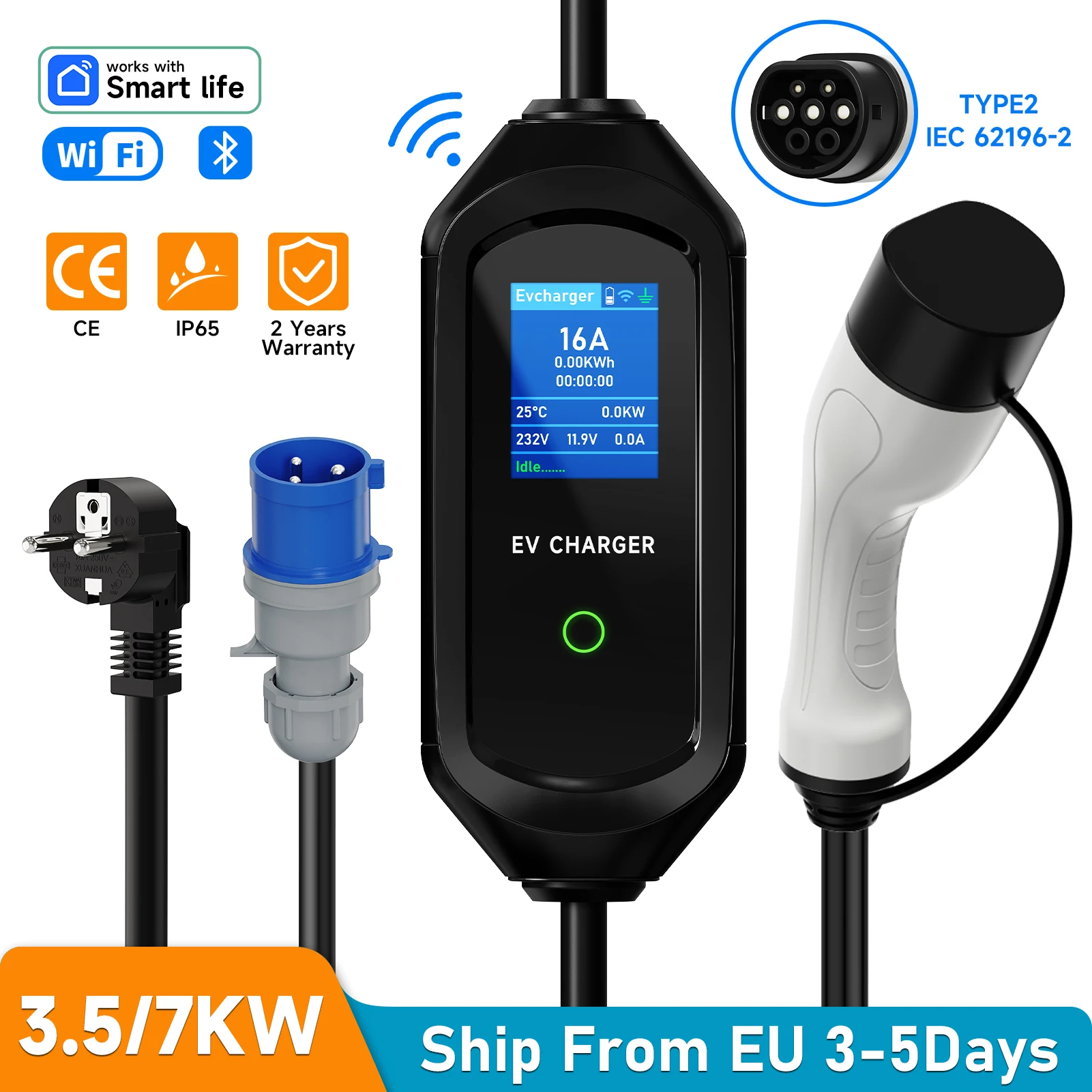 Carregador portátil Afev 3.5/7kw type2 IEC62196-2 16a evse cabo de carregamento rápido