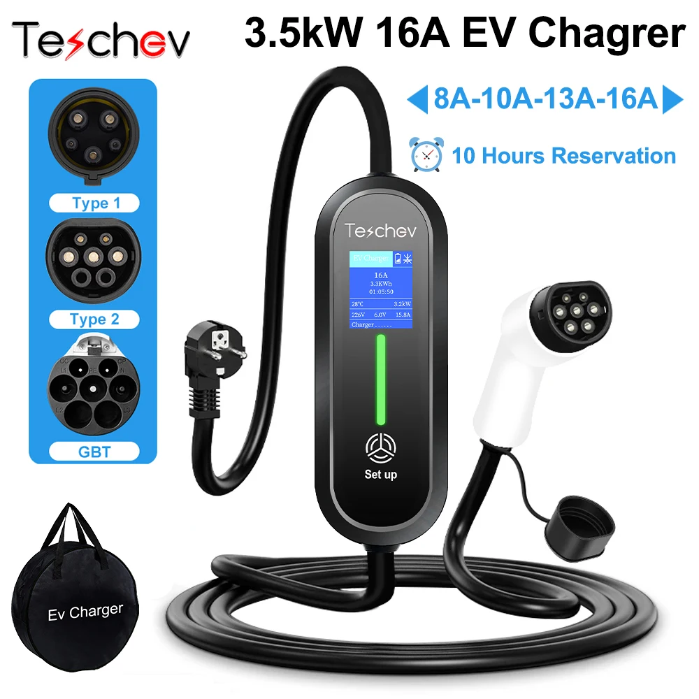 Teschev 220V 230V 16A Carregador EV portátil Type2 Cabo de carregamento IEC62196-2 Wallbox Cord Schuko Plug para carro elétrico