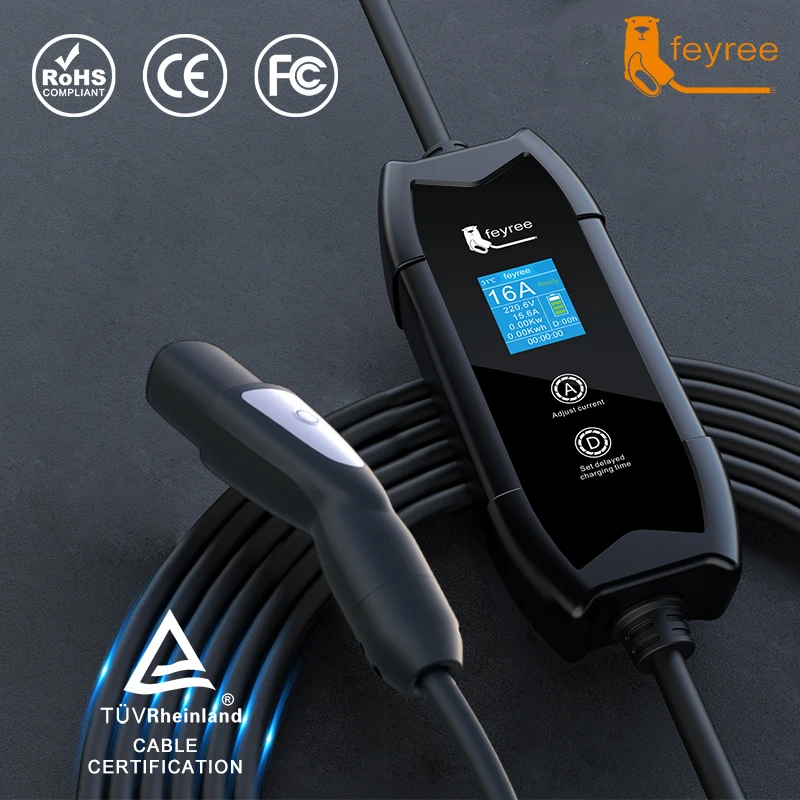 Feyree EV Carregador Portátil 3.5kW Tesla NACS Carregador Plug 1.8 "Tela LCD com Conjunto de Estação de Carregamento de Programação de Atraso para Carros Tesla