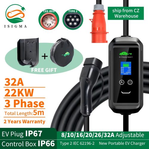 Carregador EV Portátil ISIGMA 22KW 32A Type 2 – Carregamento Inteligente Premium para carros elétricos
