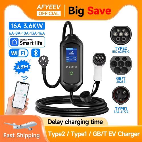 Carregador Afyeev EV 3600W – Type2 Type1 GBT Wallbox Portátil com ficha UE