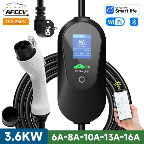 Imagem de um Carregador Portátil EV AFEEV 3.6KW que carrega a 16A, com ligador Type1 e Type2 GBT, com conexão WiFi e APP de telemóvel.