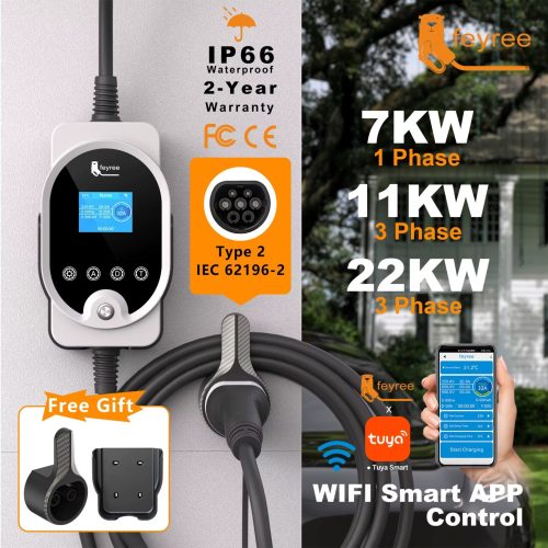 Carregador portátil FEYREE 11kW Type 2 com carregamento inteligente para veículos elétricos