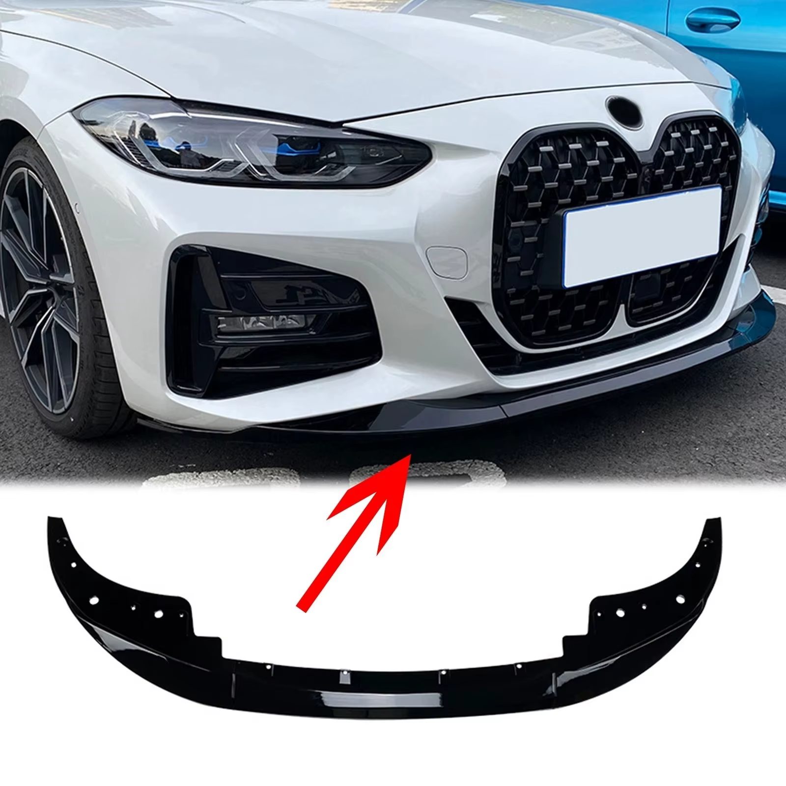 Peça tuning Lip frontal look M-Performance para BMW Série 4 i4 G22 G23 G26 (2020-2024), aplicado num BMW branco, de forma a apresentar este produto aplicado no automóvel para efeito ilustrativo para quem procura comprar este produto.