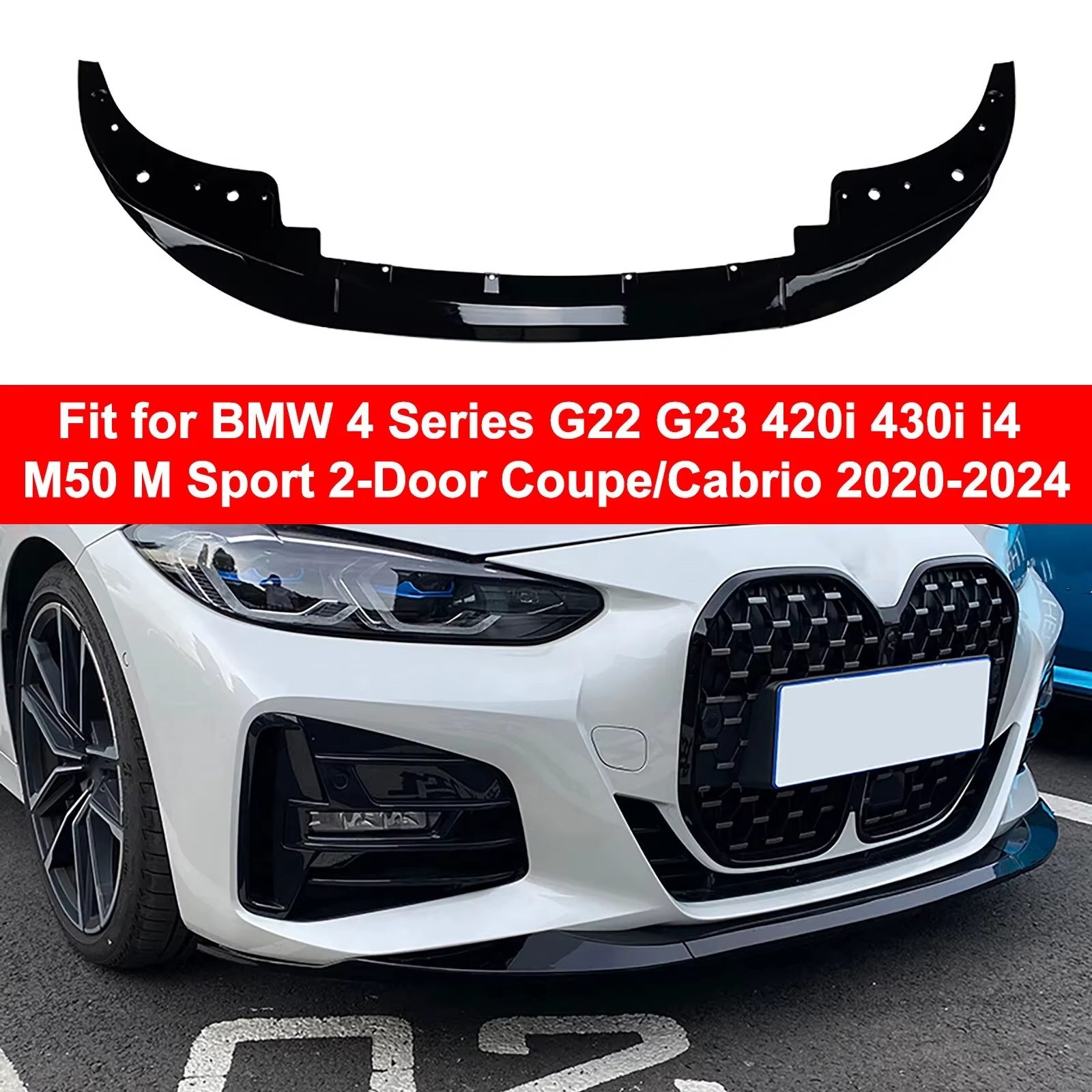Peça tuning Lip frontal look M-Performance para BMW Série 4 i4 G22 G23 G26 (2020-2024), aplicado num BMW branco, de forma a apresentar este produto aplicado no automóvel para efeito ilustrativo para quem procura comprar este produto.