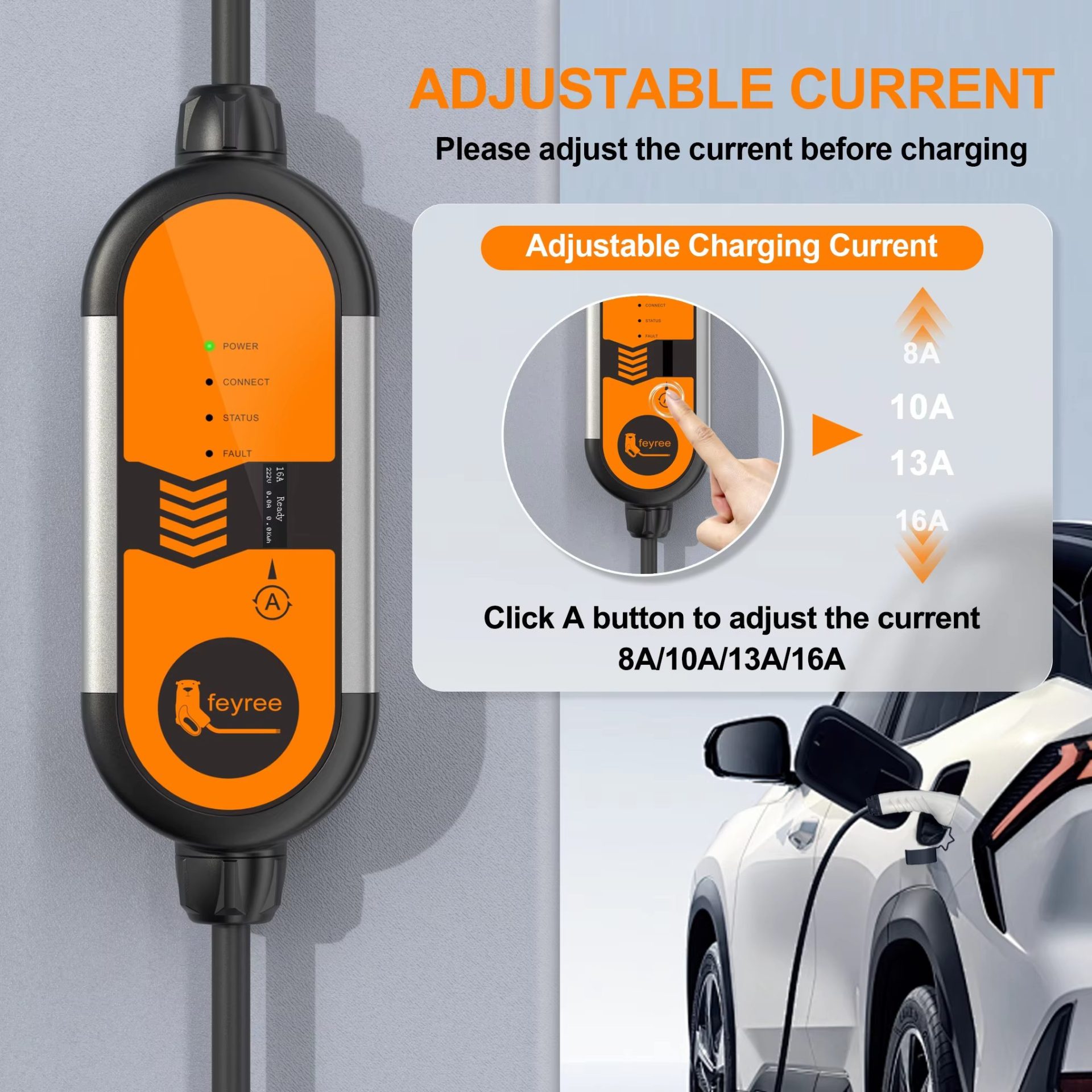 Carregador carro elétrico FEYREE Type 1 Type 2 EVSE 16A – Carregamento seguro e inteligente para veículos elétricos
