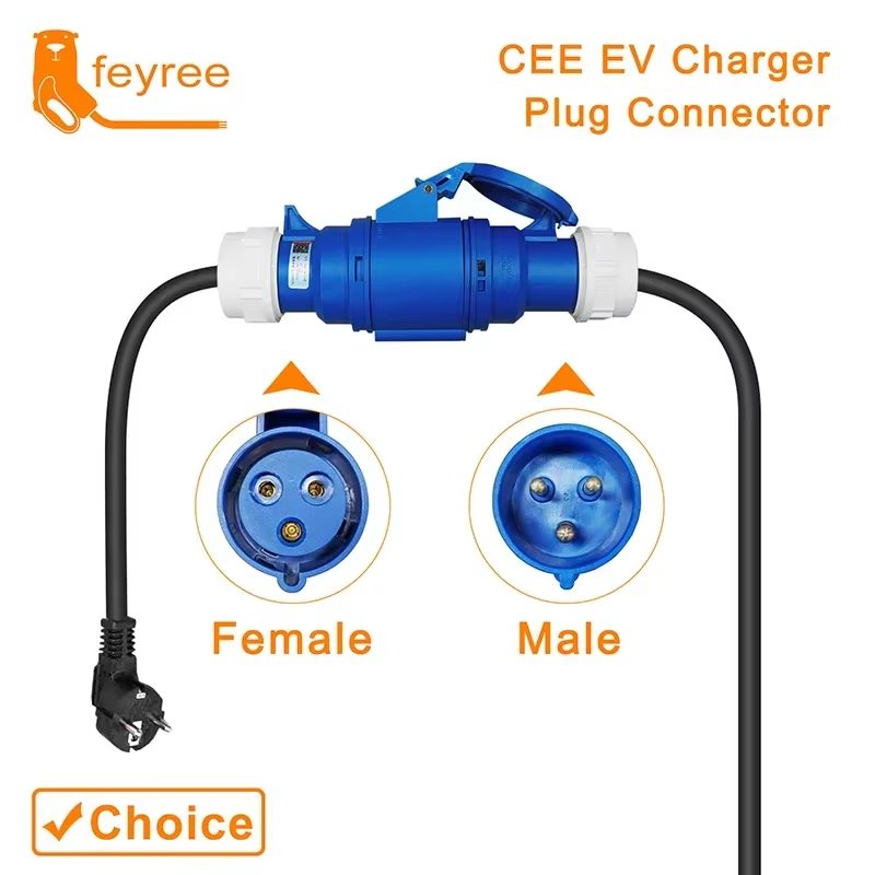 Tomada Schuko 32A 7KW Adaptador FEYREE – Ligação segura para carregamento EV