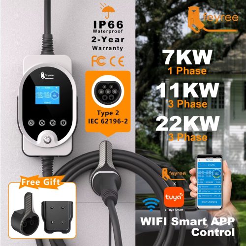 Wallbox FEYREE Type 2 EVSE – Carregador Inteligente 7KW 11KW 22KW com Wi-Fi e Smart App