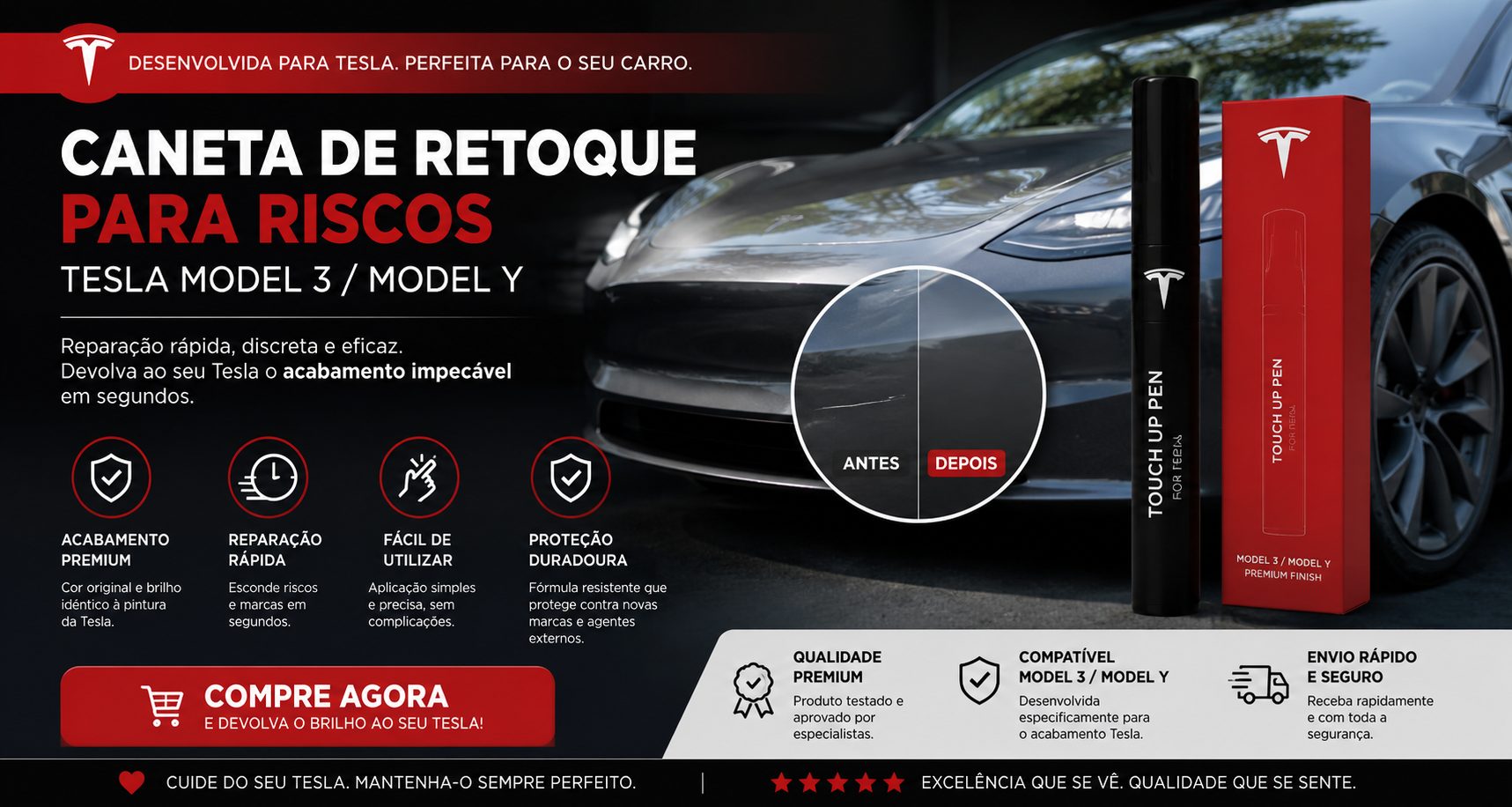 Caneta de Retoque para Reparação de Riscos Tesla Model 3 & Model Y – Acabamento Premium Original
