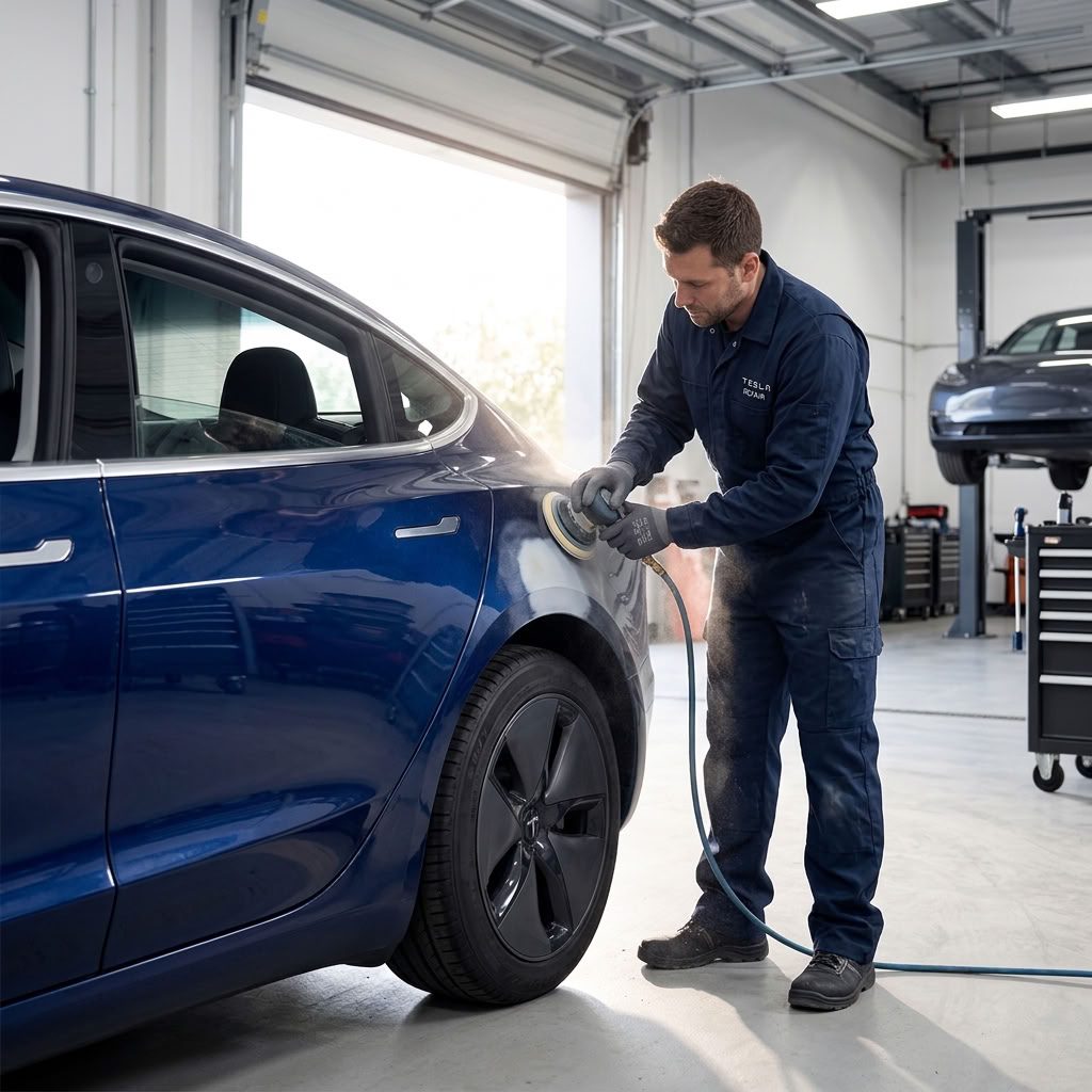 Veículo elétrico Tesla Model 3 numa oficina a ser reparado na carroçaria e pintura - imagem ilustrativa - autoValverde Tesla Approved Body Shop