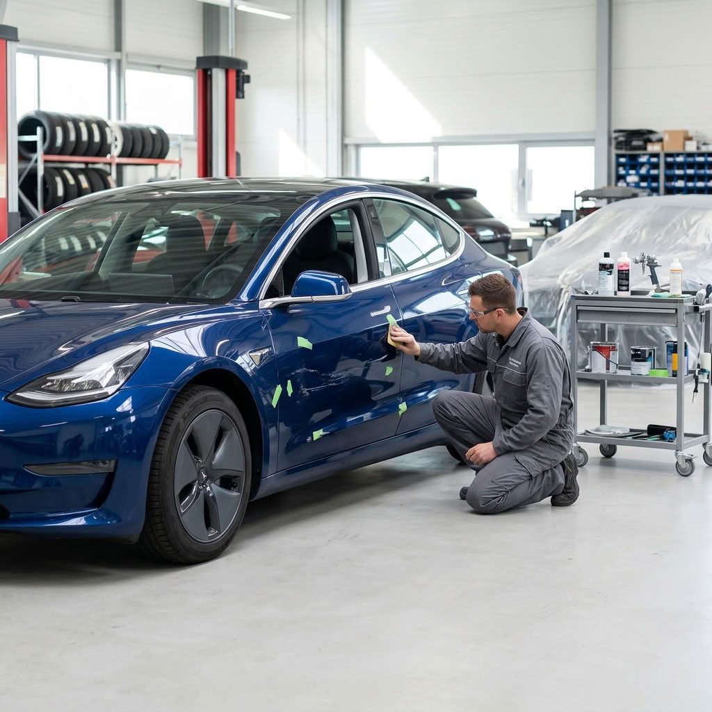 Veículo elétrico Tesla Model 3 numa oficina a ser reparado na carroçaria e pintura - imagem ilustrativa - autoValverde Tesla Approved Body Shop