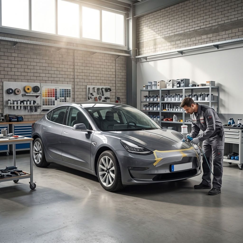 Veículo elétrico Tesla Model 3 numa oficina a ser reparado na carroçaria e pintura - imagem ilustrativa - autoValverde Tesla Approved Body Shop
