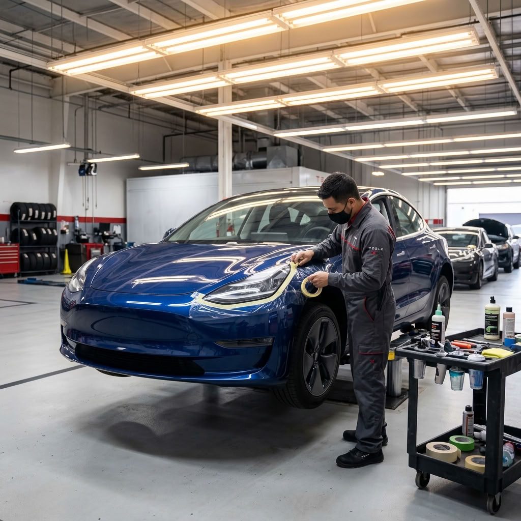 Veículo elétrico Tesla Model 3 numa oficina a ser reparado na carroçaria e pintura - imagem ilustrativa - autoValverde Tesla Approved Body Shop