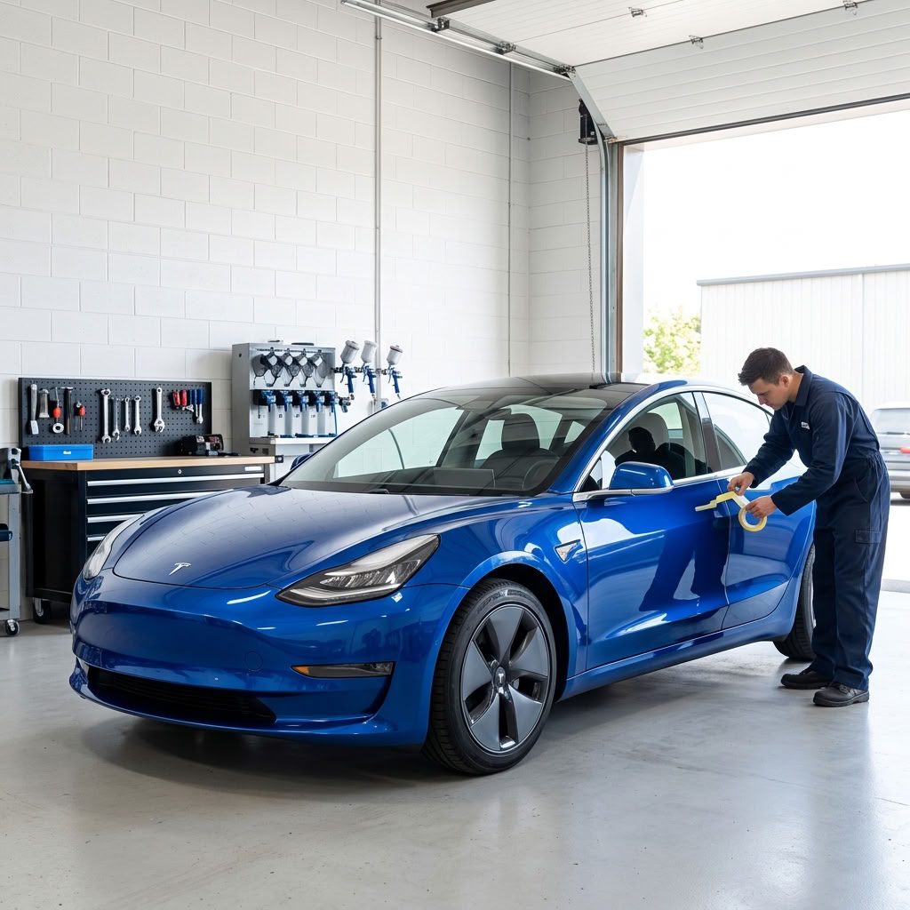 Veículo elétrico Tesla Model 3 numa oficina a ser reparado na carroçaria e pintura - imagem ilustrativa - autoValverde Tesla Approved Body Shop