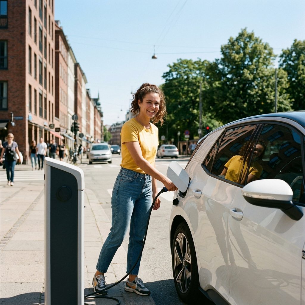 Mulher jovem a carregar o seu veículo elétrico após saber quais os melhores cuidados a ter com a bateria do carro elétrico para durar mais quilómetros