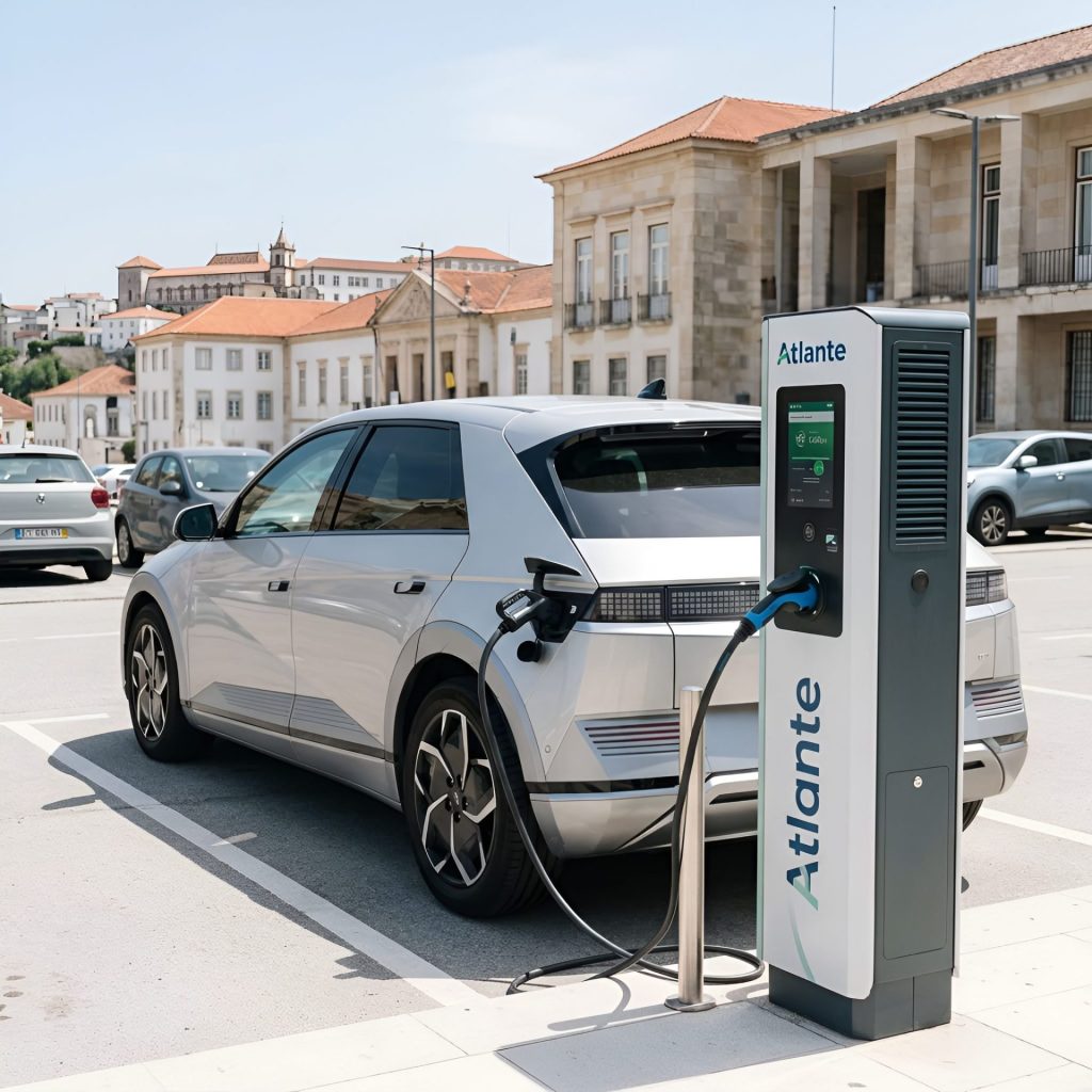 Carro elétrico Hyundai Ioniq a carregar num posto Atlante Go compensa, em Coimbra, num dia de sol.