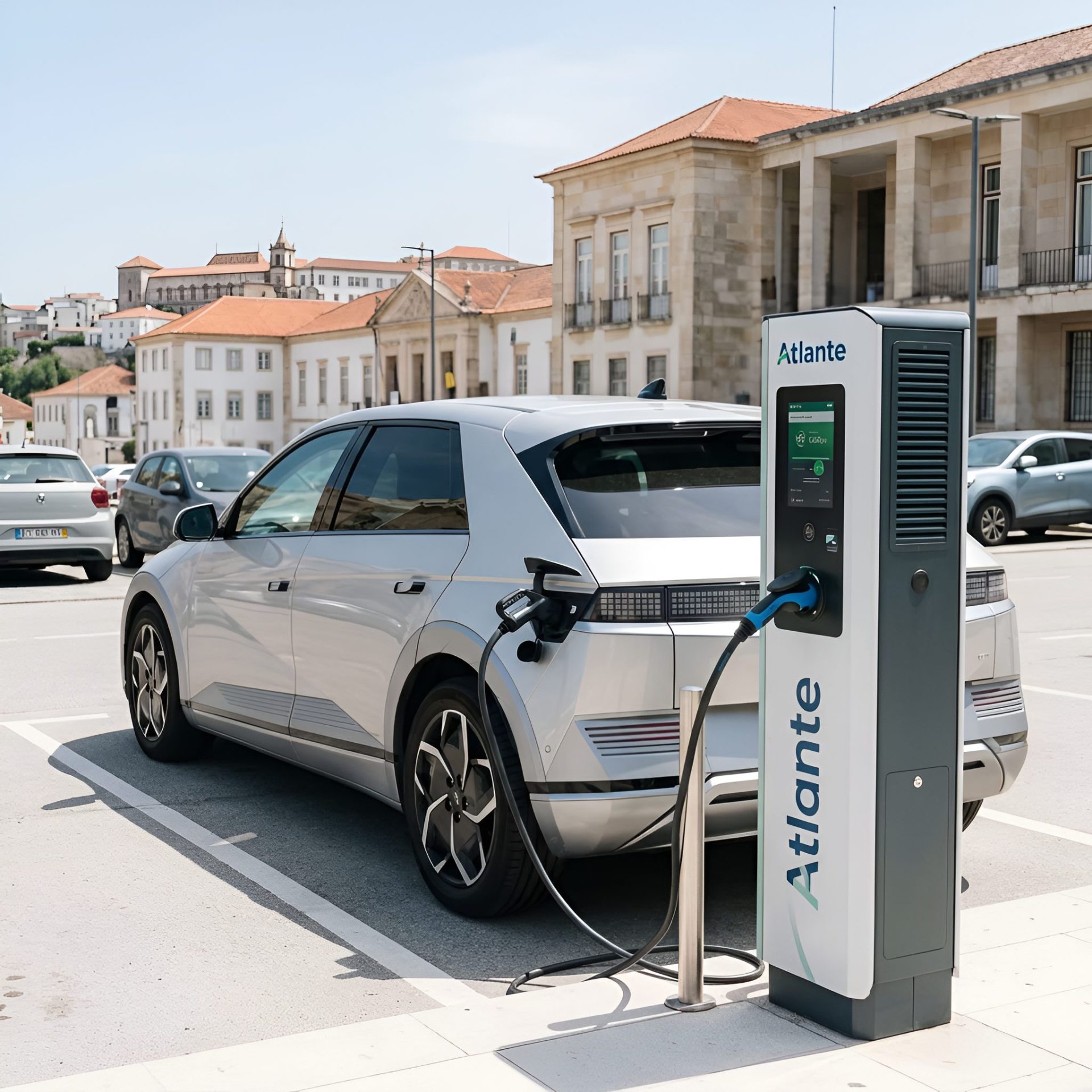 Carro elétrico Hyundai Ioniq a carregar num posto Atlante Go compensa, em Coimbra, num dia de sol.